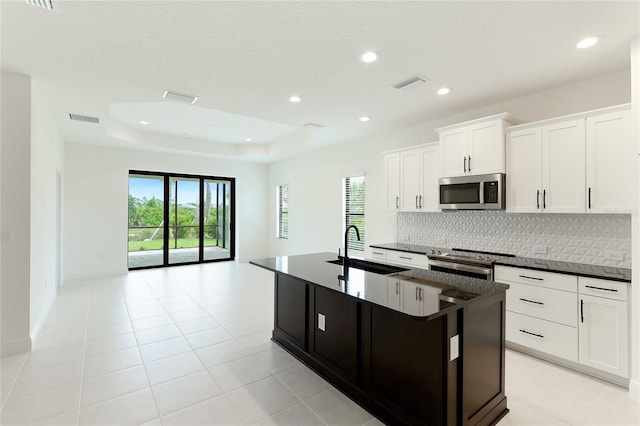 kitchen with sink, stainless steel appliances, an island with sink, a tray ceiling, and white cabinets