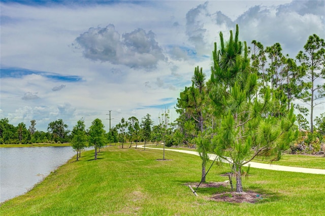 surrounding community with a lawn and a water view