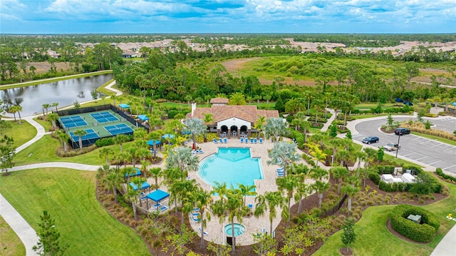 aerial view featuring a water view