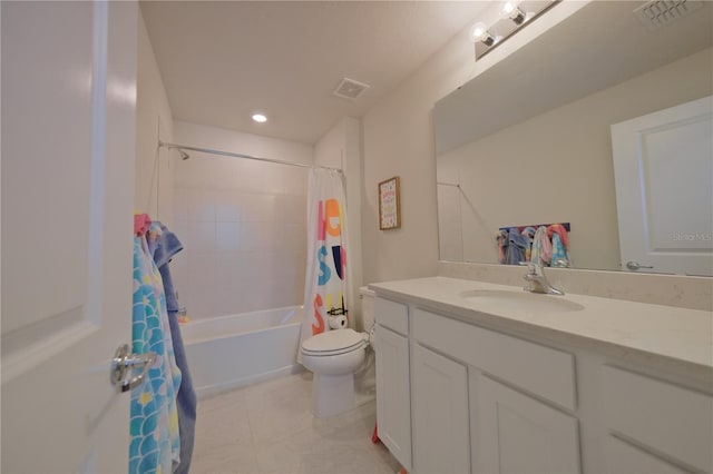 full bathroom with shower / tub combo, toilet, tile floors, and vanity