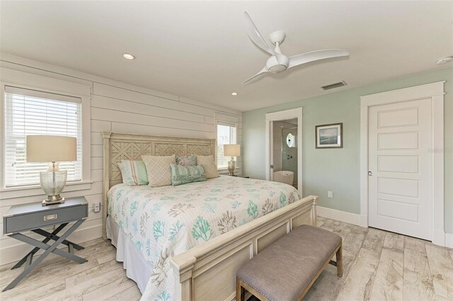 bedroom featuring ceiling fan and light wood-type flooring