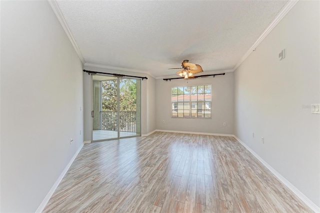 unfurnished room featuring a textured ceiling, ceiling fan, crown molding, and light hardwood / wood-style floors