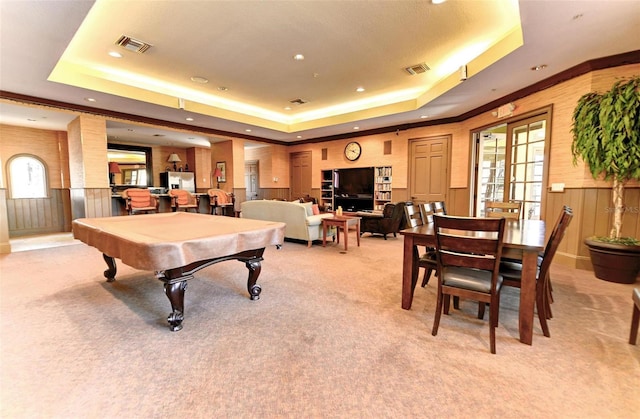 playroom featuring a wealth of natural light, a raised ceiling, pool table, and light carpet