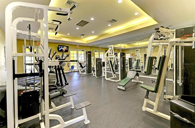 exercise room featuring a raised ceiling