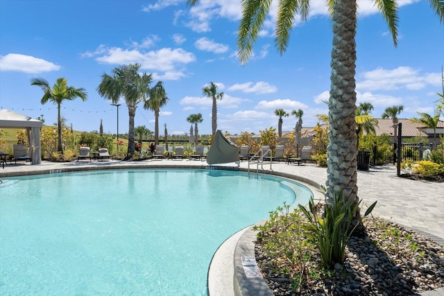 view of swimming pool with a patio area