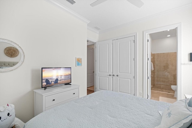 bedroom featuring tile patterned floors, connected bathroom, ceiling fan, and ornamental molding