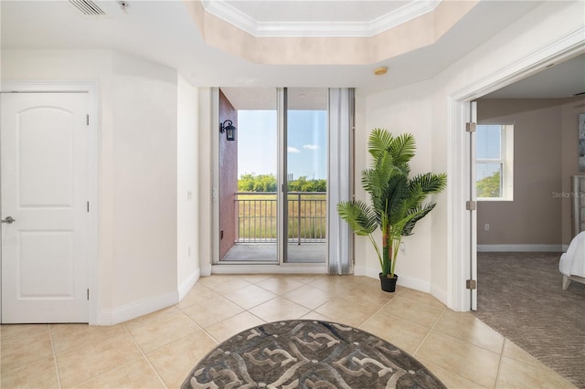 carpeted entryway with a tray ceiling and ornamental molding