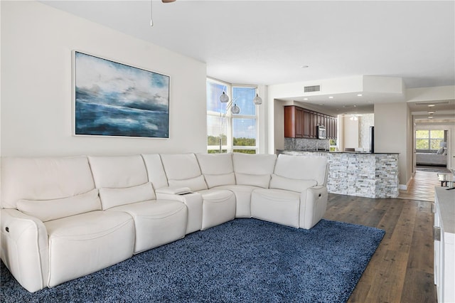 living room with dark hardwood / wood-style floors