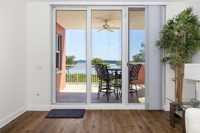 entryway with ceiling fan, a water view, and dark wood-type flooring