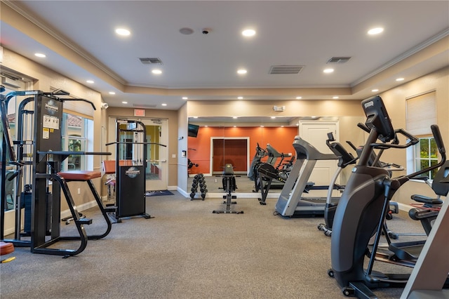 gym featuring a raised ceiling, carpet, and ornamental molding