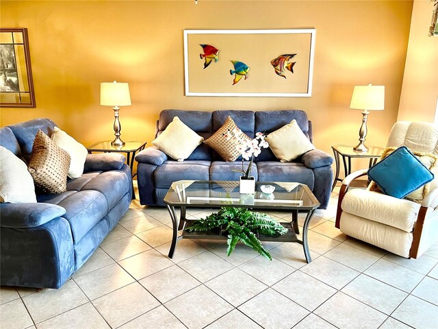 living area with tile patterned flooring