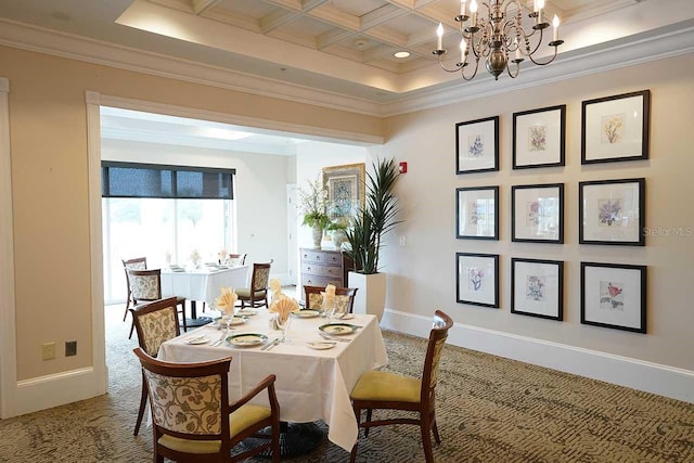 carpeted dining room featuring coffered ceiling, crown molding, beamed ceiling, and baseboards