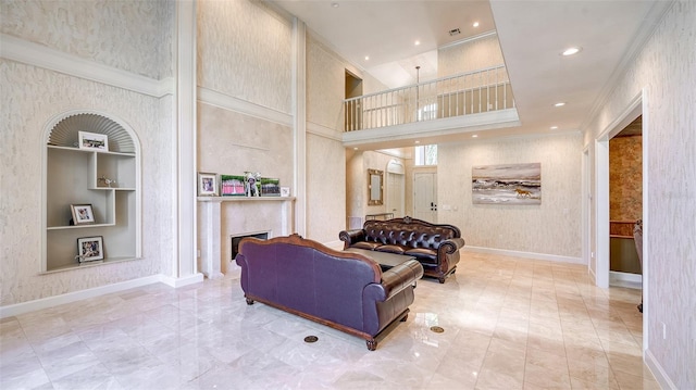 tiled living room with built in features and a towering ceiling