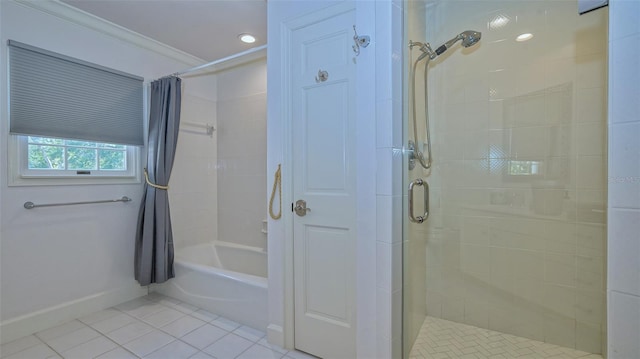 bathroom with tile flooring and ornamental molding