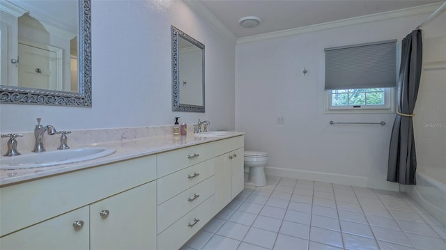 full bathroom with vanity with extensive cabinet space, double sink, tile floors, toilet, and  shower combination