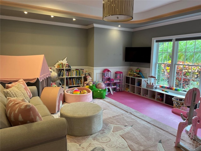 game room featuring carpet and crown molding