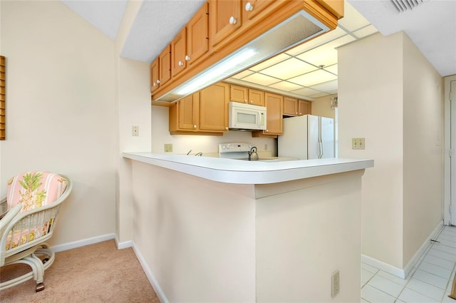 kitchen featuring light carpet and white appliances