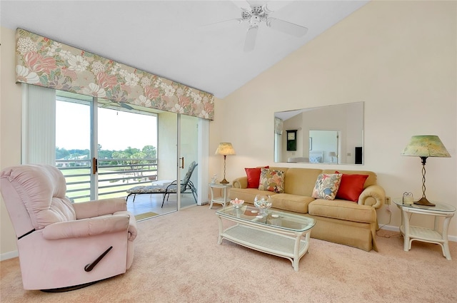 living room featuring high vaulted ceiling, ceiling fan, and carpet