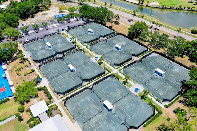 birds eye view of property featuring a water view