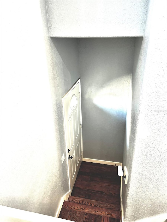 staircase with hardwood / wood-style floors