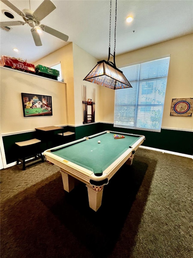 rec room with dark colored carpet, a healthy amount of sunlight, and billiards