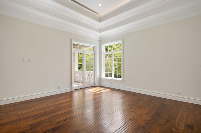 unfurnished room with ornamental molding, a raised ceiling, french doors, and hardwood / wood-style floors