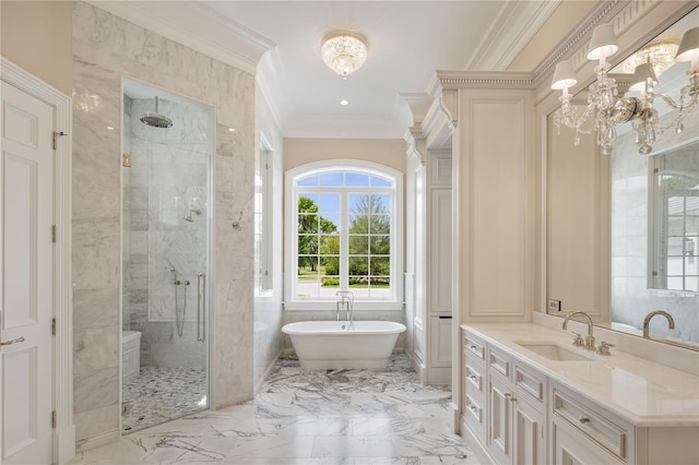 bathroom featuring tile floors, vanity, ornamental molding, a notable chandelier, and plus walk in shower