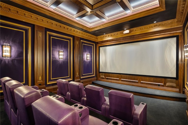 cinema room featuring crown molding and coffered ceiling