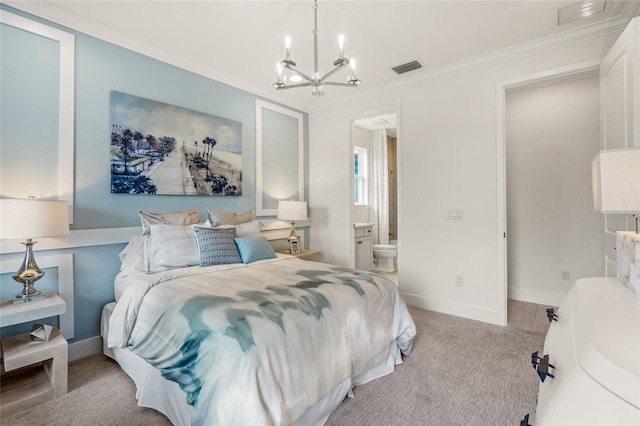 bedroom with carpet, connected bathroom, crown molding, and an inviting chandelier