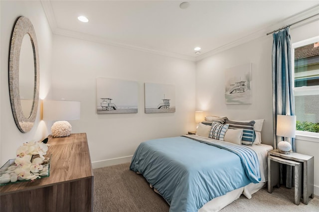 bedroom featuring ornamental molding and carpet