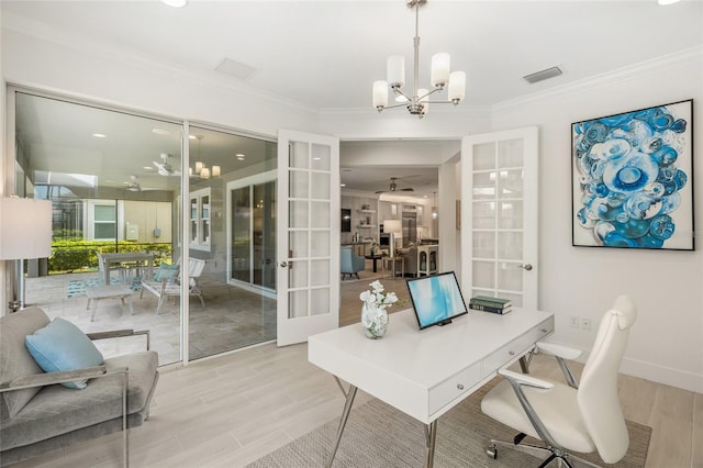 office space featuring ornamental molding, french doors, and a chandelier