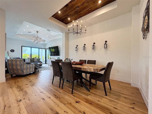 dining room with wooden ceiling, light hardwood / wood-style flooring, a chandelier, and a tray ceiling