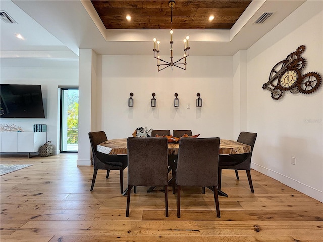 dining space with hardwood / wood-style flooring, a notable chandelier, and a tray ceiling