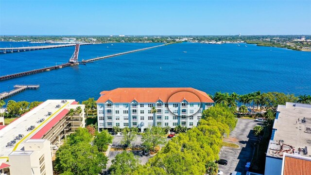 drone / aerial view featuring a water view