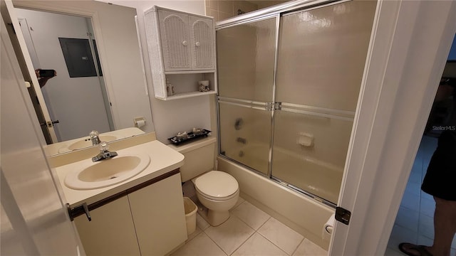 full bathroom featuring tile patterned flooring, toilet, electric panel, combined bath / shower with glass door, and vanity