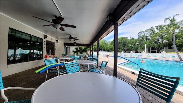 view of pool with a patio area and ceiling fan