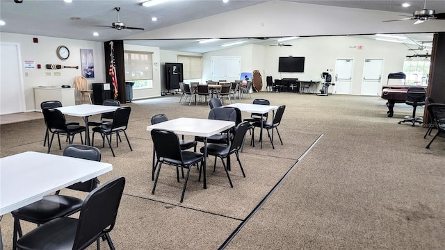 dining room featuring billiards, carpet flooring, ceiling fan, and vaulted ceiling