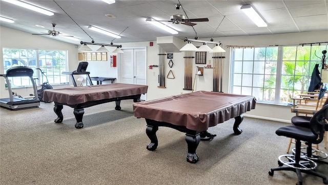 recreation room featuring ceiling fan, carpet, a drop ceiling, and billiards