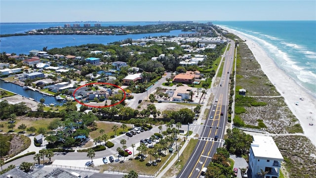 aerial view featuring a beach view and a water view