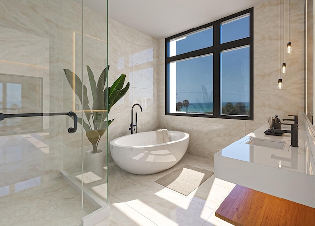 bathroom featuring vanity, tile walls, and independent shower and bath