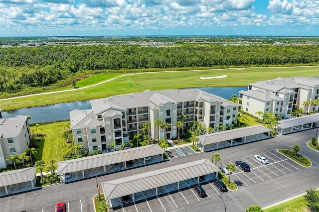 bird's eye view with a water view