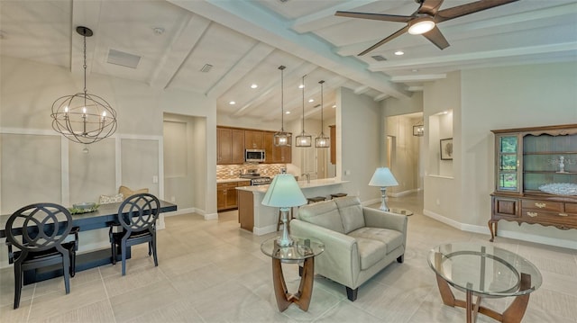 living room featuring ceiling fan with notable chandelier, high vaulted ceiling, beamed ceiling, and light tile floors