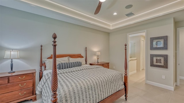 bedroom with ensuite bath, ceiling fan, and light tile floors