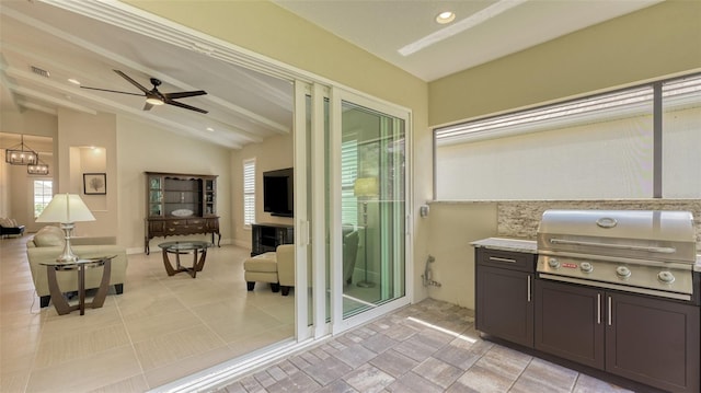 bathroom with lofted ceiling with beams, tile floors, and ceiling fan