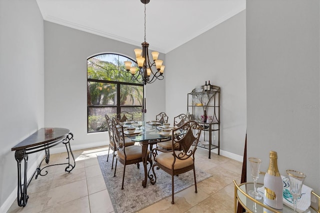 dining area featuring light tile flooring, an inviting chandelier, and ornamental molding