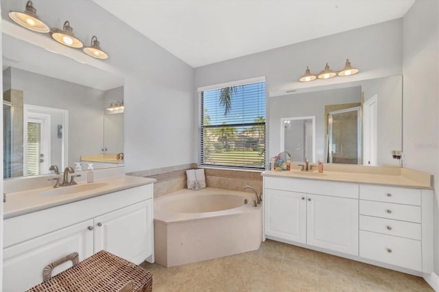 bathroom with tile flooring, dual vanity, and plus walk in shower