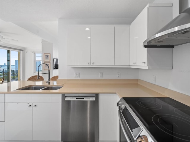 kitchen with appliances with stainless steel finishes, ceiling fan, wall chimney range hood, white cabinets, and sink