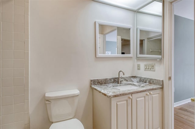 bathroom featuring hardwood / wood-style floors, large vanity, and toilet