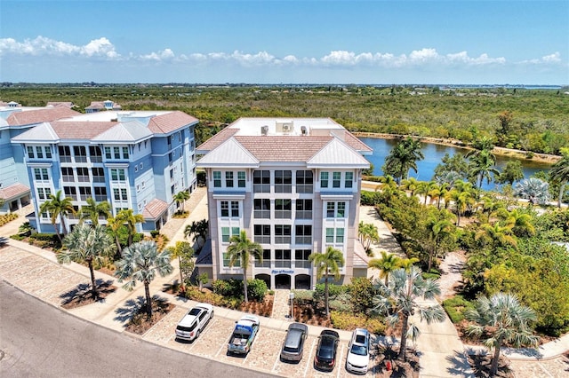 bird's eye view with a water view