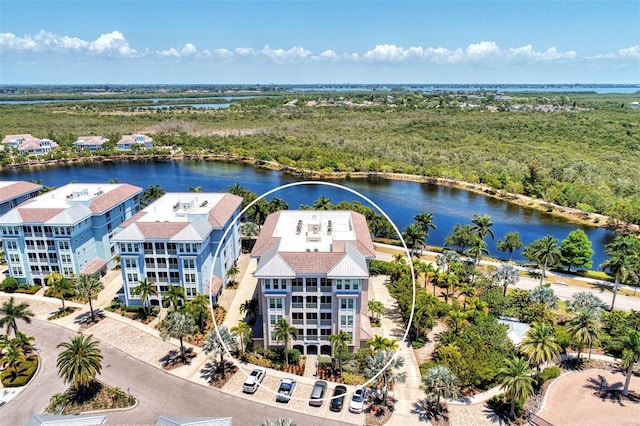 drone / aerial view with a water view